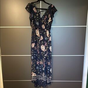 Maurices Ruffled Wrap Maxi Dress in Blue and Pink